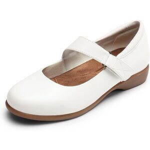 Dream Pairs Women's White Leather Ankle Strap and Arch Support Ballet Flats